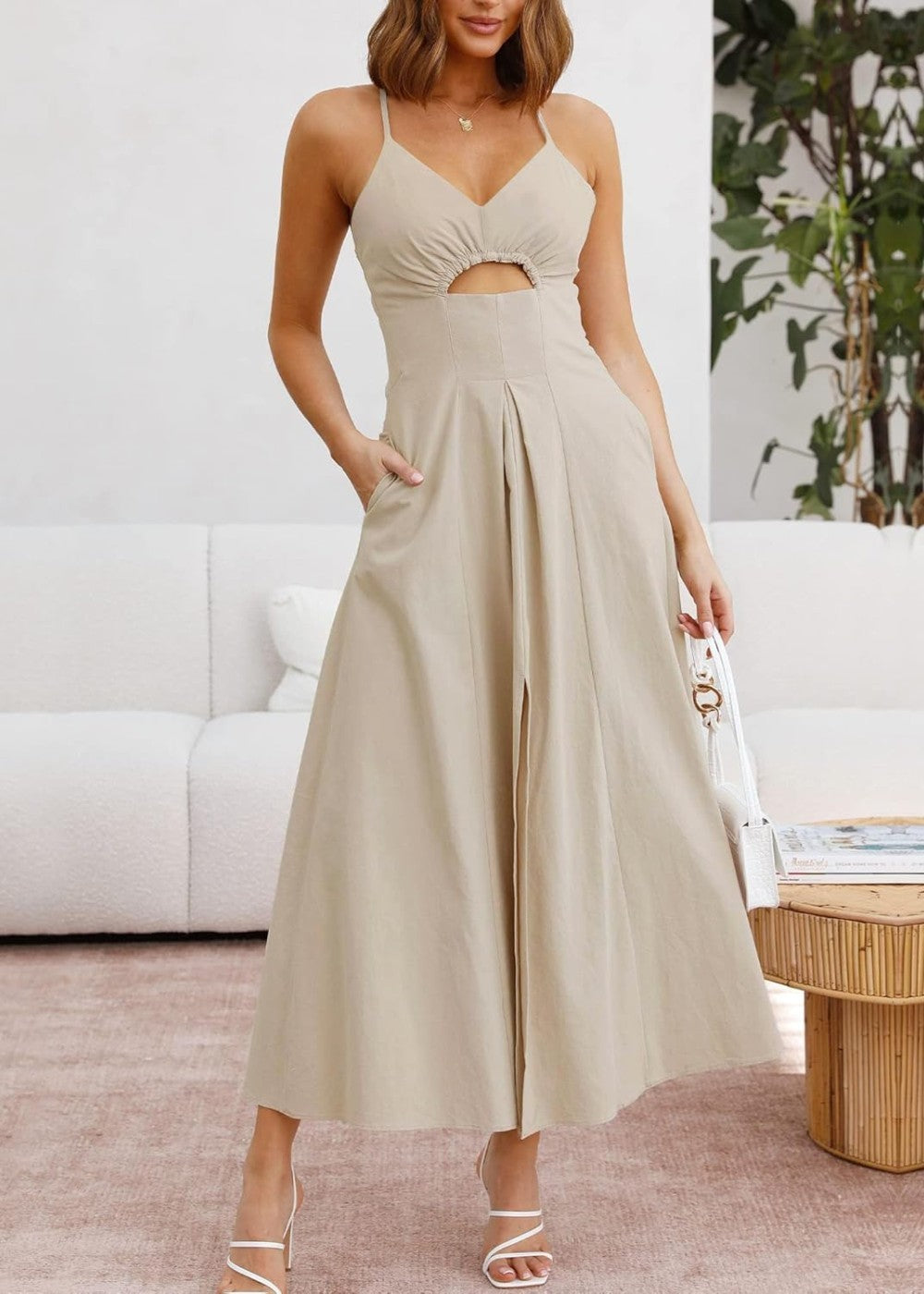 Joly - Ärmelloses V-Ausschnitt Kleid mit Ausschnitt, Schlitz, lässig, Strandparty, mit Taschen