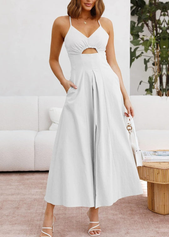 Joly - Ärmelloses V-Ausschnitt Kleid mit Ausschnitt, Schlitz, lässig, Strandparty, mit Taschen