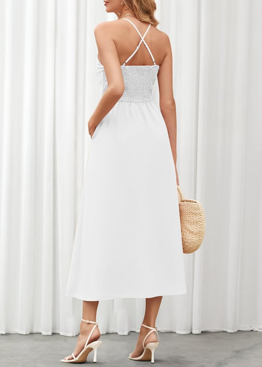 Joly - Ärmelloses V-Ausschnitt Kleid mit Ausschnitt, Schlitz, lässig, Strandparty, mit Taschen