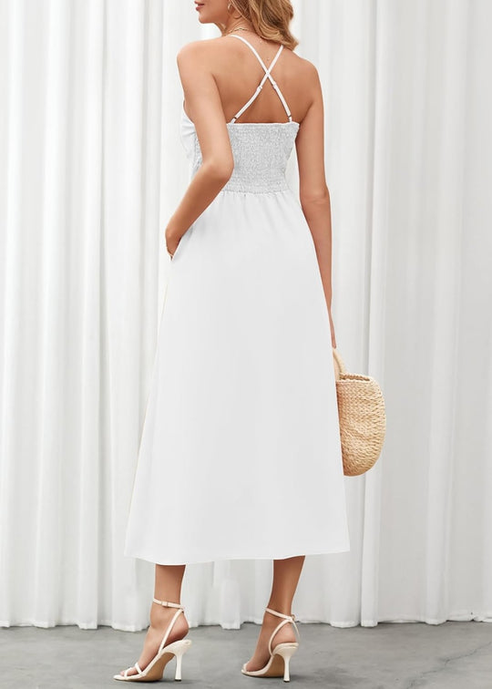 Joly - Ärmelloses V-Ausschnitt Kleid mit Ausschnitt, Schlitz, lässig, Strandparty, mit Taschen