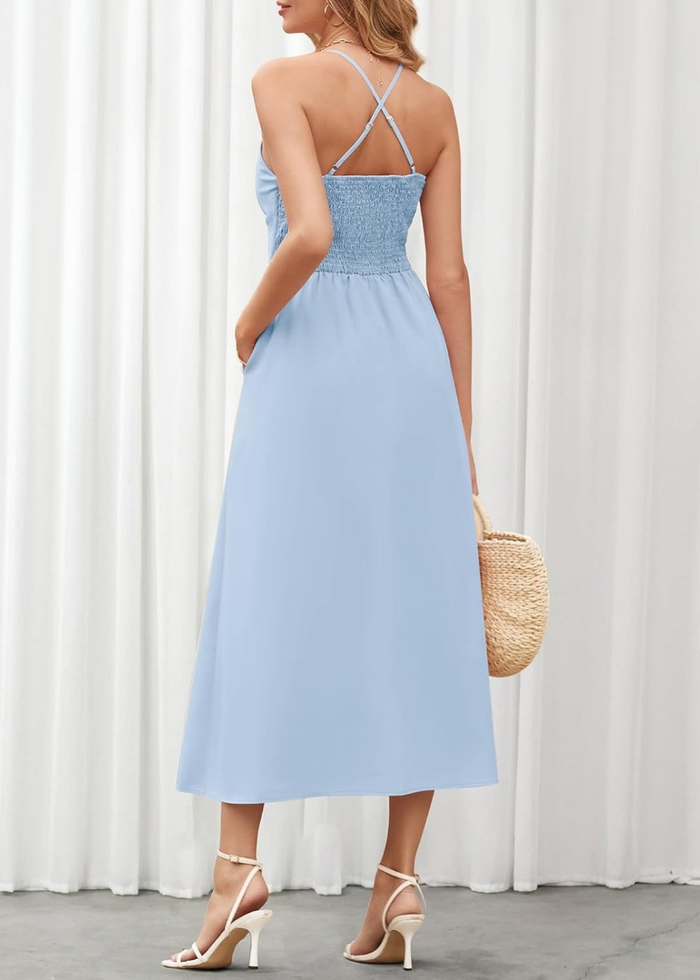 Joly - Ärmelloses V-Ausschnitt Kleid mit Ausschnitt, Schlitz, lässig, Strandparty, mit Taschen