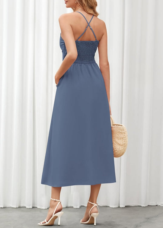 Joly - Ärmelloses V-Ausschnitt Kleid mit Ausschnitt, Schlitz, lässig, Strandparty, mit Taschen
