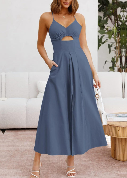 Joly - Ärmelloses V-Ausschnitt Kleid mit Ausschnitt, Schlitz, lässig, Strandparty, mit Taschen