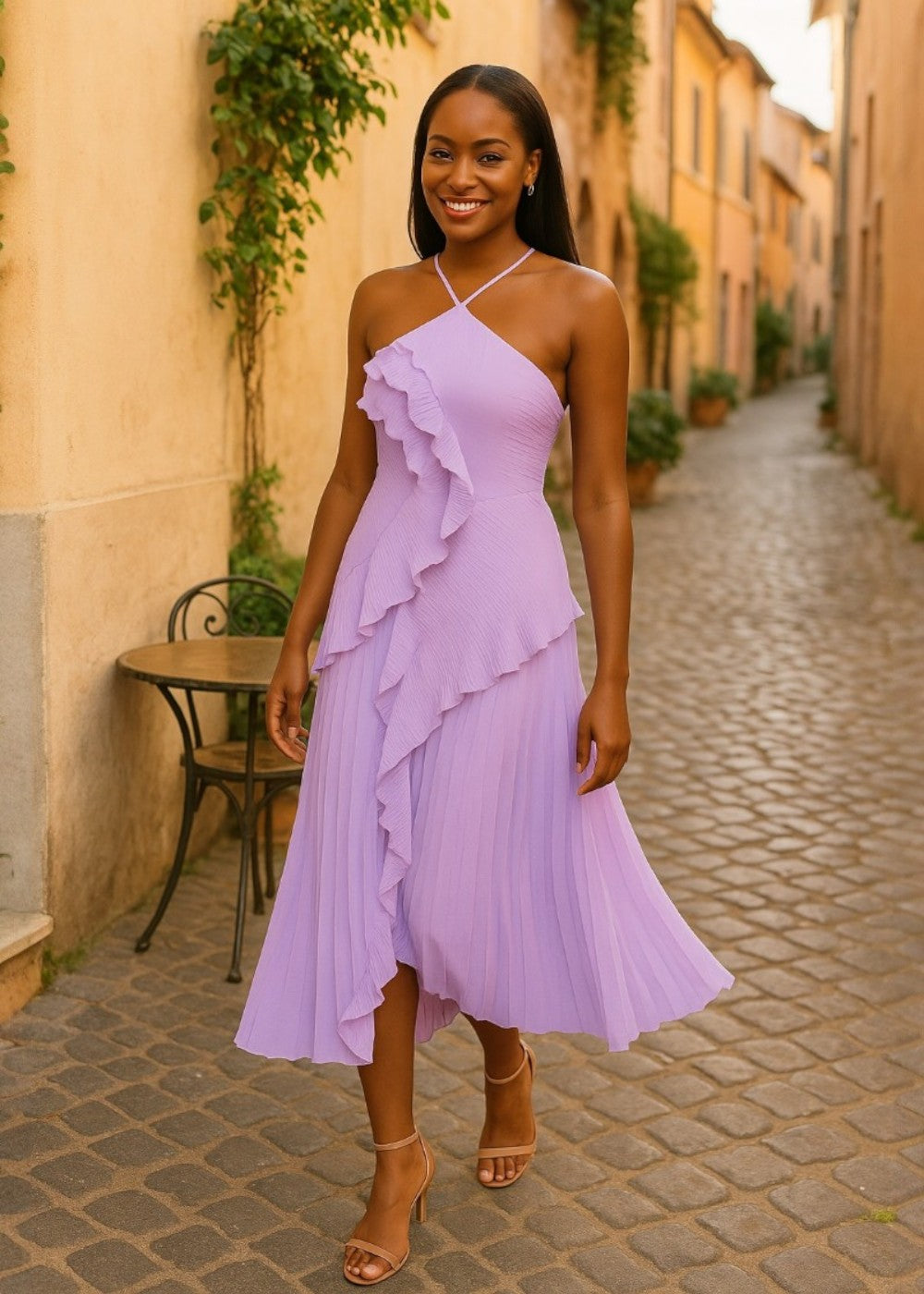 Elegantes Neckholderkleid mit fallenden Rüschen - Vichy Signature