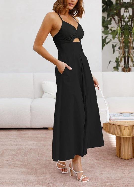 Joly - Ärmelloses V-Ausschnitt Kleid mit Ausschnitt, Schlitz, lässig, Strandparty, mit Taschen