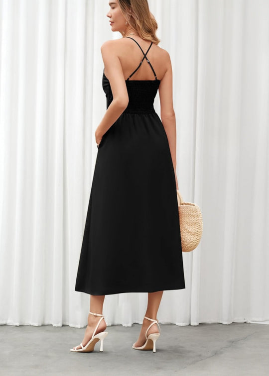 Joly - Ärmelloses V-Ausschnitt Kleid mit Ausschnitt, Schlitz, lässig, Strandparty, mit Taschen