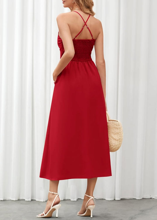 Joly - Ärmelloses V-Ausschnitt Kleid mit Ausschnitt, Schlitz, lässig, Strandparty, mit Taschen