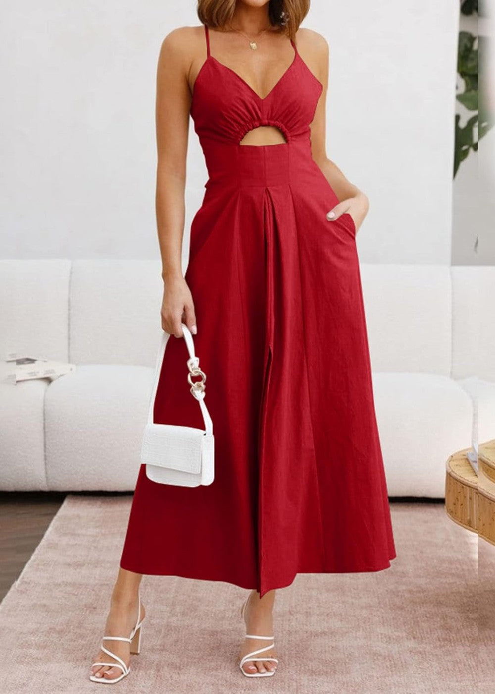 Joly - Ärmelloses V-Ausschnitt Kleid mit Ausschnitt, Schlitz, lässig, Strandparty, mit Taschen