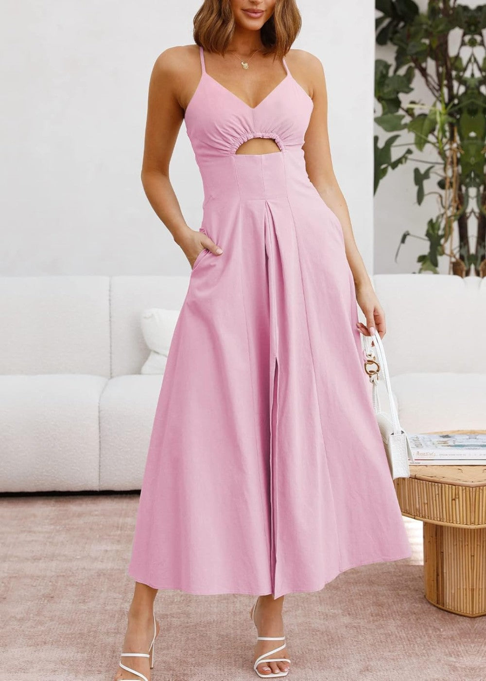 Joly - Ärmelloses V-Ausschnitt Kleid mit Ausschnitt, Schlitz, lässig, Strandparty, mit Taschen