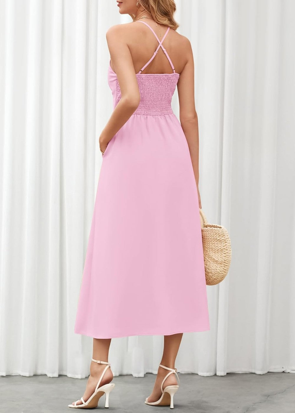 Joly - Ärmelloses V-Ausschnitt Kleid mit Ausschnitt, Schlitz, lässig, Strandparty, mit Taschen